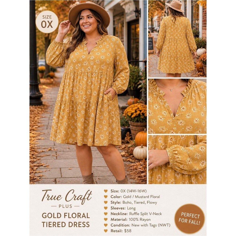 True Craft Gold Floral Boho V-Neck Dress 1X Ruffle Tiered Long Sleeve